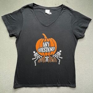 Port & Company Black Graphic‎ T David Pumkins Any Questions Pumpkin Skeletons